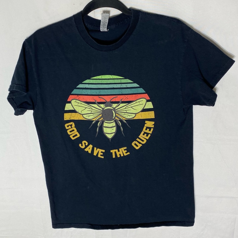 Gildan Black Yellow God Save The Queen Bee Graphic T Shirt M